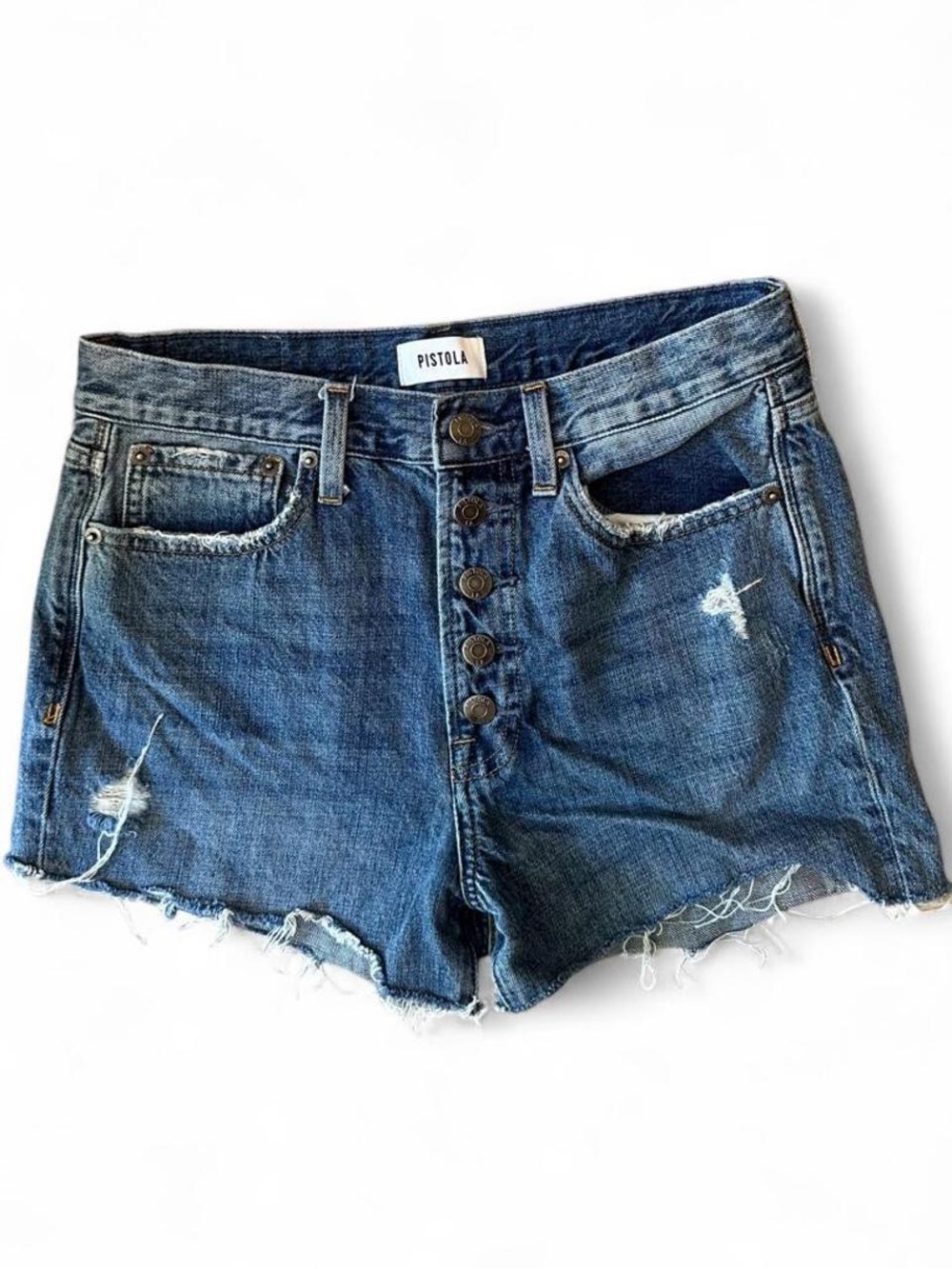 pistola Vintage Blue Button-Front Distressed Denim Shorts